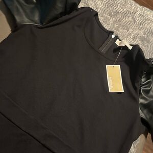 Michale Kors  Black little Dress with leather sleeve and bottom ruffle